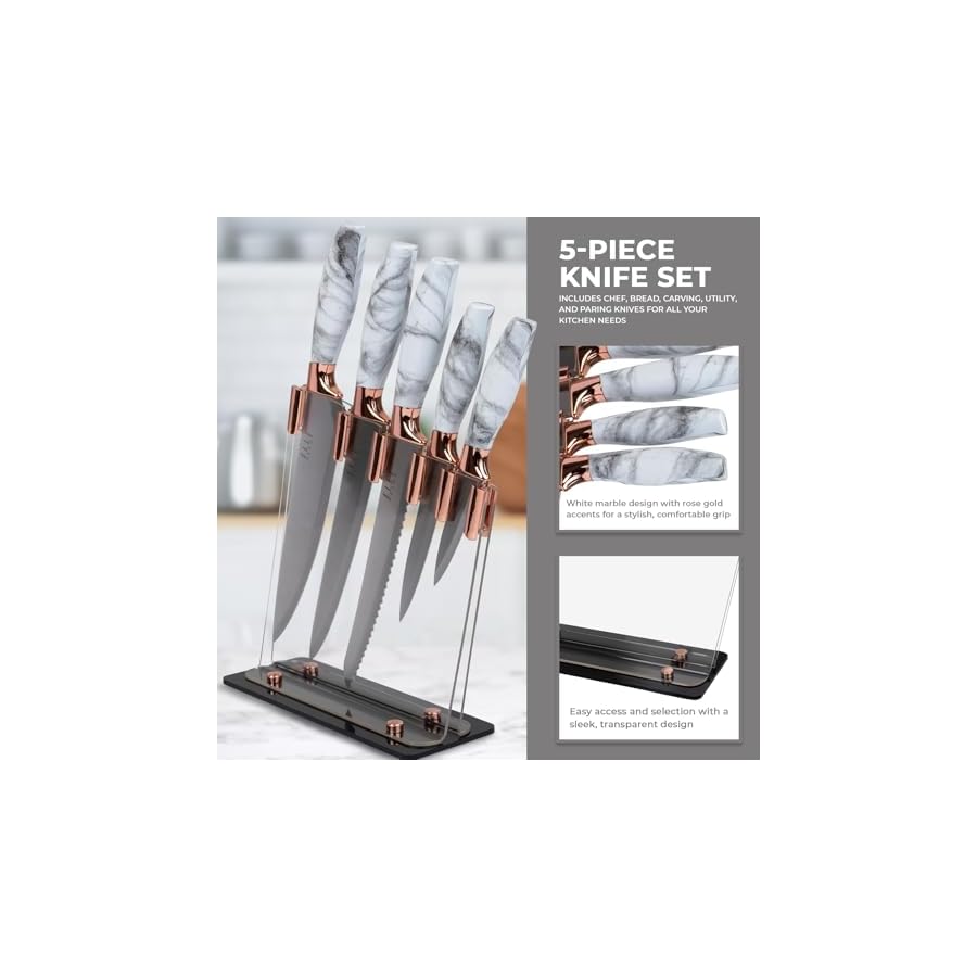 5-Piece Professional Kitchen Knife Set Marble Handles & Rose Gold Accents Includes Clear Block Chef Bread Carving Utility & Paring Knives