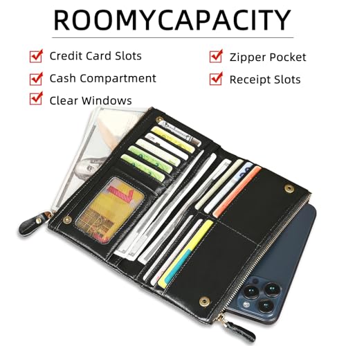 Image of Genuine Crazy Horse Leather Travel Gift Coin Pocket Card Case Long Organizer Chain Rfid Wallet Purse With Snap For Men Male 1803 1815 (6032 The Black)