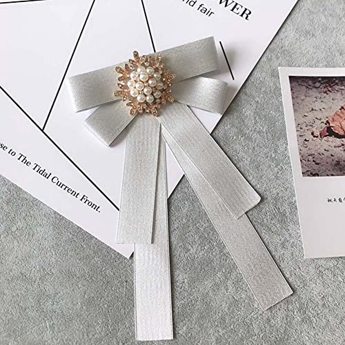 Image of Women Elegant Pearl Ribbon Bow tie Brooches Pin Jewelry Pre-Tied Collar Neck Tie Clip for Lady Girls Wedding Party