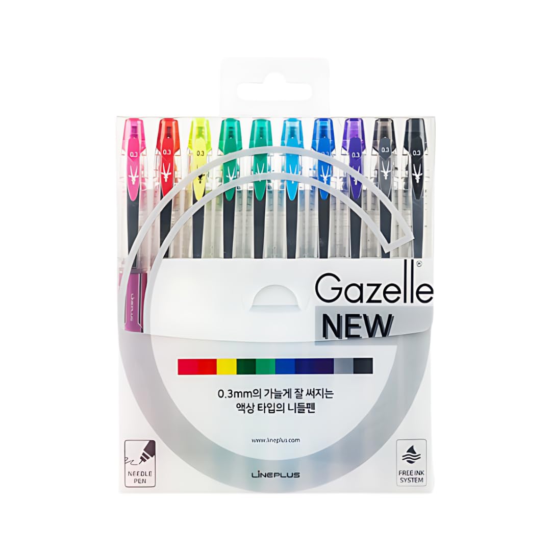 LINEPLUS Gazelle 0.3mm Needle Tip Pens – Smooth Liquid Ink Writing Pens, 10 Color Set for Journaling, Note-taking, Drawing – Free Ink System