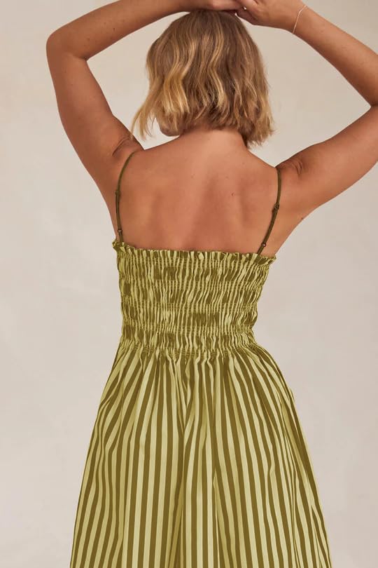 Image of KMBANGI Women Striped Sleeveless Maxi Dress Swing Patchwork Midi Dress Smocked Spaghetti Strap Colorful Long Sundress