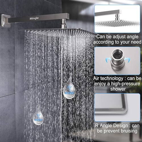 Image of Mingle Shower Head | Shower with Sqaure Arm | 304 Stainless Steel | Overhead Shower | Shower Head For Bathroom | Wall Mounted Overhead Shower | Rain Shower Head (6X6 + 12 INCH SQ ARM)