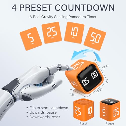 Image of Rotating Pomodoro Timer 5, 25, 10 50 Minutes Preset, Desk Productivity Flip Timer, ADHD Tool Cube Countdown Stopwatch, Vibration /High /Low Volume /Custom Modes, for Work, Study, Back to School, Orange