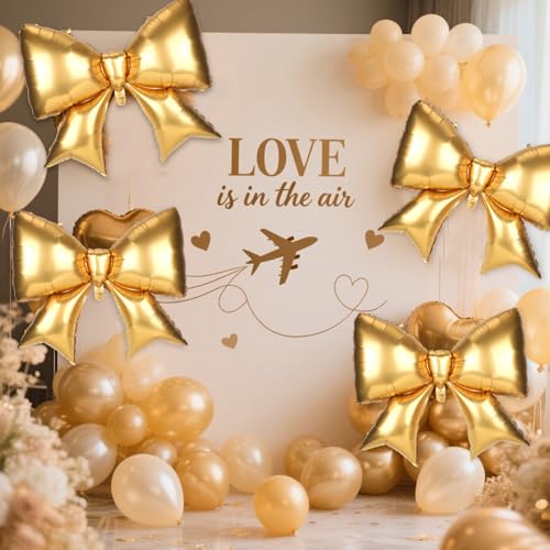 Image of 4Pcs Giant Bow Balloons, 97.5cm /38in Big Elegant Coquette Theme Balloons for Birthday Wedding Engagement & Party Large Decorations Bridal & Bachelorette Supplies (Gold)