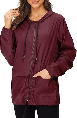 Zando Women's Lightweight Packable Rain Jacket Waterproof Hooded Windbreaker Foldable Outdoor Raincoat with Pockets for Hiking Cycling, Burgundy, L