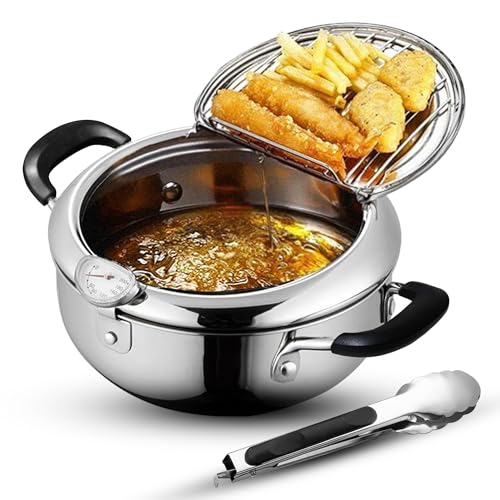 Cawayo Deep Fryer Tempura Pot with Tongs, Cool Touch Bakelite Handles and Lid, 304 Stainless Steel, 9.4 Inch with Temperature Control for Safe and Efficient Cooking Great for French Fries, Chicken etc