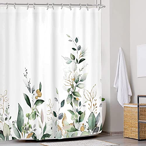 Glawry Sage Green Leaves Plant Eucalyptus Shower Curtain For Bathroom 60W X 72H Inches Botanical Nature Mint Gold Leaf Bathroom Curtains Set Summer Floral Aesthetic Bath Accessories Decor Fabric #TOP1