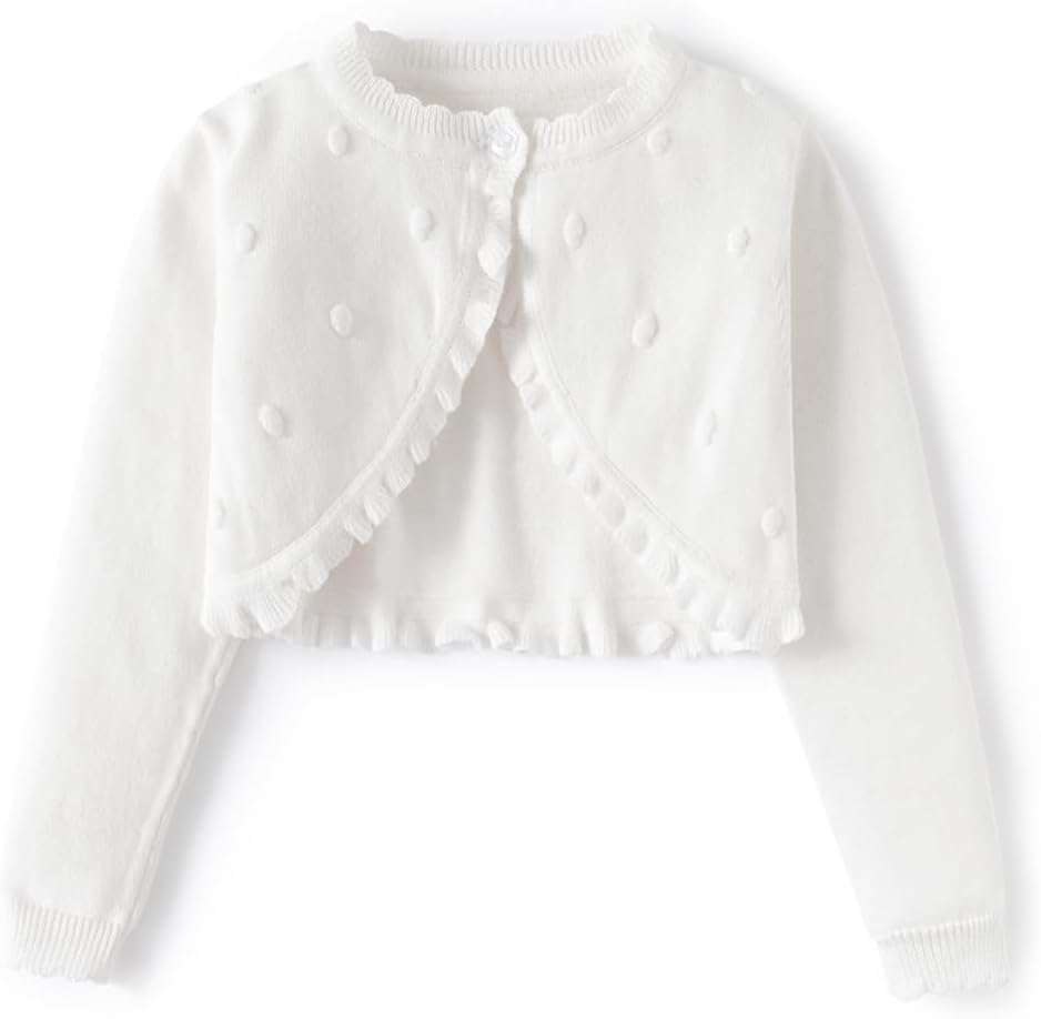 Little Girls' Knit Cardigan Bolero Shrug with Ruffle Trim, Toddler Girls Long Sleeve Cropped Bolero Jacket Sweater