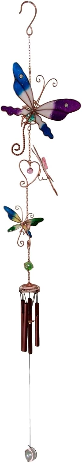 Atlantic Collectibles Stained Glass Colorful Three Butterflies Copper Metal Wind Chime 28"Long Resonant Outdoor Patio Garden Decor Accessory