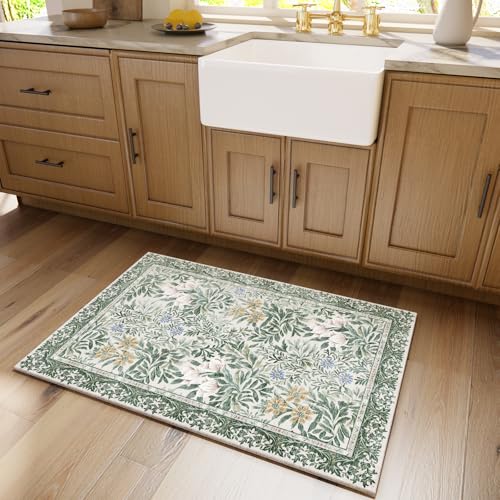 Image of Botanical Floral Washable Entryway Area Rug 2x3 Light Green Cream Vintage Garden Design, Perfect for Soft Door Mat Indoor Entrance, Ultra-Thin Easy Clean Small Throw Carpet for Bedroom Bathroom