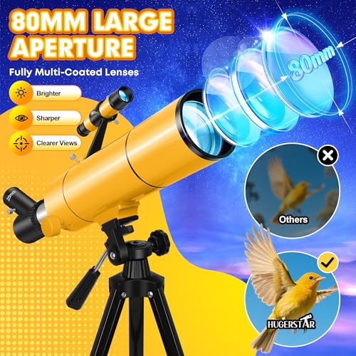 HUGERSTAR Teleskop astronomiczny dla dorosłych i dzieci, otwór 80 mm, 500 mm, refraktor astronomiczny dla początkujących, przenośny teleskop podróżny ze statywem, adapterem do telefonu komórkowego