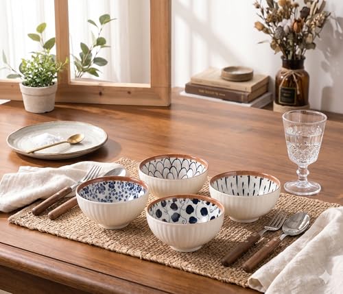 Image of yomith Ceramic Rice Bowls Set of 6, 300ml Japanese Bowls for Rice, Soup, Cereal, Dessert, Microwave & Dishwasher Safe, Blue Floral Series
