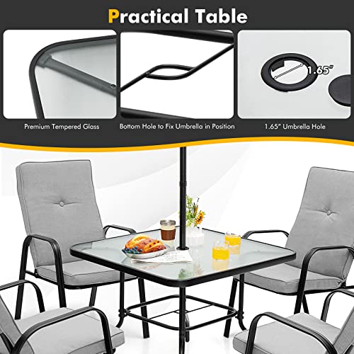 Tangkula 6 Pieces Patio Dining Set, Outdoor Furniture Set W/Umbrella, 35 Inches Square Steel Tempered Glass Table W/ 1.65 Inches Umbrella Hole, 4 Stackable Chairs W/Sponge Padded Cushion (Grey) #TOP5