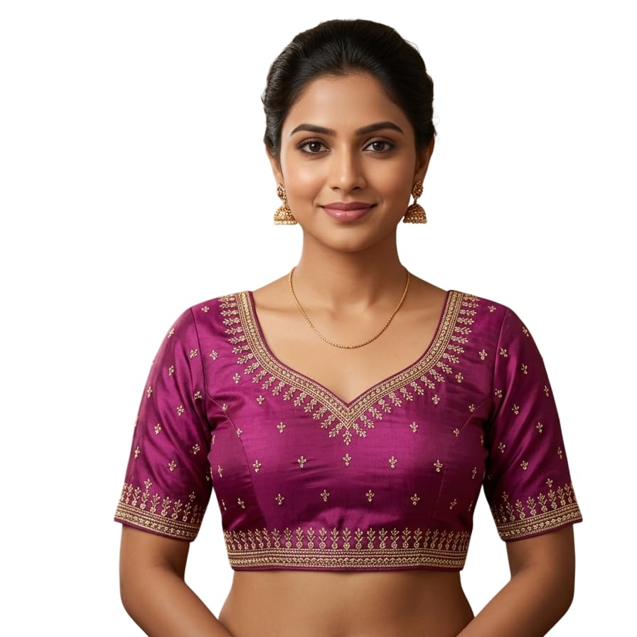 prime fashions Women's Traditional Zari Work Embroidered Blouse V-Neck Readymade Saree Blouse Ethnic Wear-picture-32