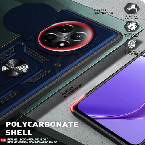 Image of Armor Bumper Back Cover Case for Realme 12 / 12X / C65 / Narzo 70X 5G Rotating Camera Cover, Ring Holder & Kickstand | Heavy Duty & 360 Degree Protection Back Cover (Blue)
