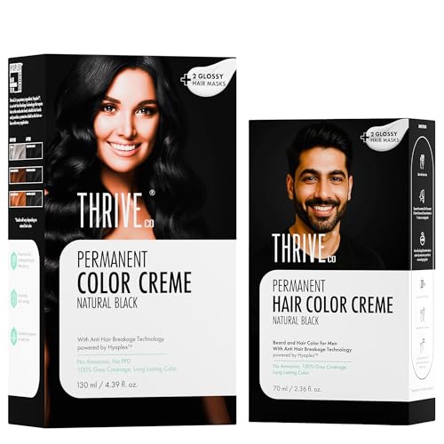Image of ThriveCo Permanent Natural Black Hair Color Creme Combo for Men & Women | Ammonia-Free, 100% Grey Coverage | Damage-Free, Long-Lasting Color with Hyaplex Bond Technology | 130ml + 70ml