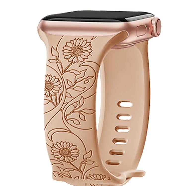 GenericAXTECHS Engraved Sunflower Watch Bands are Compatible with Apple Watch Bands sizes 38mm 40mm 41mm 42mm 44mm 45mm 49mm iWatch Series 9 8 7 6 5 4 3 2 1 SE Ultra Ultra 2, and are made from Premium Soft Silicone for men and women.