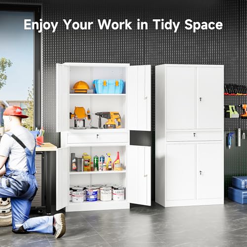 Image of SISESOL White Metal Storage Cabinet with Drawer and Locks,Garage Storage Cabinet with Locking Doors and Adjustable Shelves,71 inch Tall Large Metal Cabinets with Magnetic Door for Home,Office,Garage