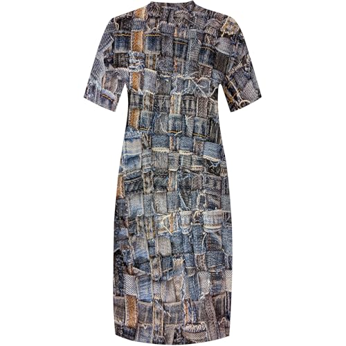 Image of SUZONANA Plus Size Denim Print Shirt Maxi Dresses for Curvy Women Casual Blue Jean Summer Outfits Long Short Sleeve Dress with Pockets Patchwork 2XL