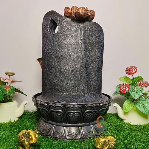 Image of Ganehsa Decorative Table Top Water Fountain for Home Decor /Office /Indoor & Outdoor /Garden /Puja Room /Vaastu with Multicolor LED Light and Adjustable Water Pump (Black & Gray D-22)