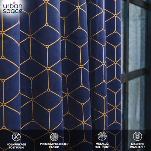 Image of Urban Space 80-85% True Blackout Curtains for Door, Gold Foil Printed Blackout Curtains, Blackout Decorative Door Curtain Eyelet with Tieback, 1 Piece Curtain for Living Room(Hex Navy Blue, 7 Feet)
