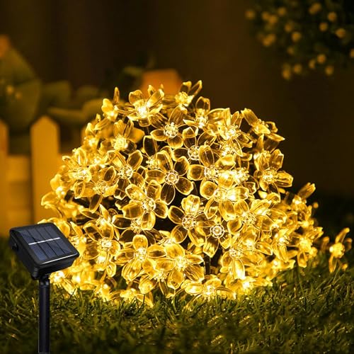 Guirnalda de luces solares, 7 m, 50 LED, luces de hadas de cerezo para exteriores, impermeable, luz solar de cerezo para jardín, adecuada para vallas, patios, árboles de Navidad, decoraciones de árbol