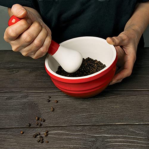 Essence- Maison Mortar And Pestle Set- Make Fresh Guacamole, Salsa, Pesto, Stone Grinder Bowl, Herb Crusher, Spice Grinder, Pill Crusher- 5.5In (D) X 3In (H) - 21.5Oz / 610Ml - Salsa Red/Cream #TOP4