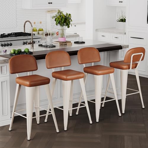 Image of Yongchuang 30 inch Bar Stools with Back Set of 4, Faux Leather Bar Height Stools with Metal Legs Modern Upholstered Kitchen Island Bar Chairs, Brown White