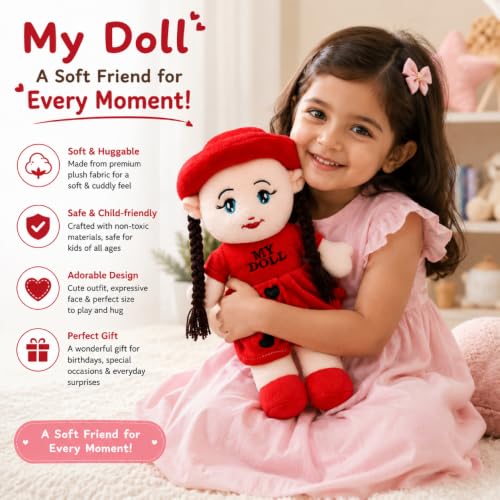 Image of ALVERO Cute Plush Doll for Girls, Soft & Cuddly Doll with Braided Hair, Hat & Heart-Detail Dress, Pretend Play Toy, Storytelling Companion & Birthday, Valentine & Return Gift (Red)