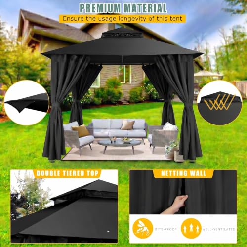 Image of COBIZI 10x10 FT Outdoor Gazebo, Soft Top Patio Gazebo with Ventilated Double-Tier Roof, Heavy-Duty Metal Frame Canopy with Removable Privacy Curtains for Backyard, Garden, Lawn, Black