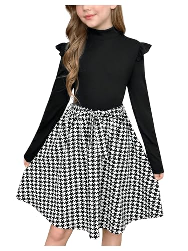 SweatyRocks Girl's Houndstooth Print Midi Dress Long Sleeve Ruffle Trim Belted Skater Dresses
