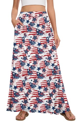 Image of Womens Maxi A-line Long Skirt Casual 2026 Elastic High Waist Flowy Skirts with Pockets