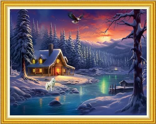 Image of Funxvoot Stamped Cross Stitch Kits Beginners Full Range of Embroidery Kits for Adults 11CT Embroidery Patterns Needlepoint Kits Printed Cross Stitch Kits-Winter Snow Scenery 16x20 inch