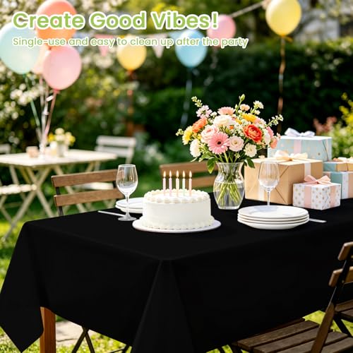 Image of Mulbozy Black Plastic Table Cloth Disposable 4 Pack, 54 x 108 Inch Tablecloths Rectangle, Black Plastic Table Cover for Party Decor
