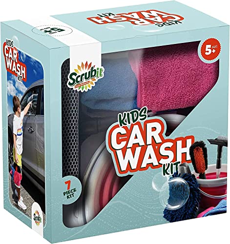 Kids Car Wash Activity Kit – 7 Kid-Sized Carwash Accessories Gifts For Boys & Girls Ages 5 6 7 8-10 - Outdoor Fun Toys – Set Includes Bucket, Squeegee, Microfiber Mitt, Wheel Brush, 3 Cleaning Cloths #TOP7