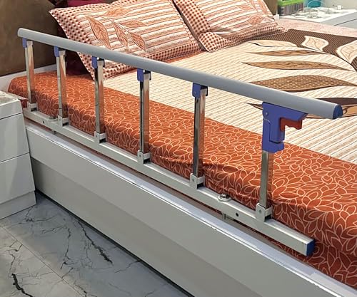 Image of Heavy 6 Steel Vertical Bar Hospital Bed Guard Collapsible Railing Soft Closure with 2 Attachment | No Drilling Required | One Side Only for Elderly Person at Home | L 55.5 x 14 H Inch
