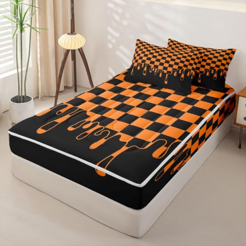Image of Orange and Black Checkered Zipper Bedding Set Twin Zip Up Bedding Checkerboard Drip Gingham Plaid Comforter Set with Sheets for Child Girls Boys,Modern Geometric Grid Bed in a Bag Halloween Bed Sets