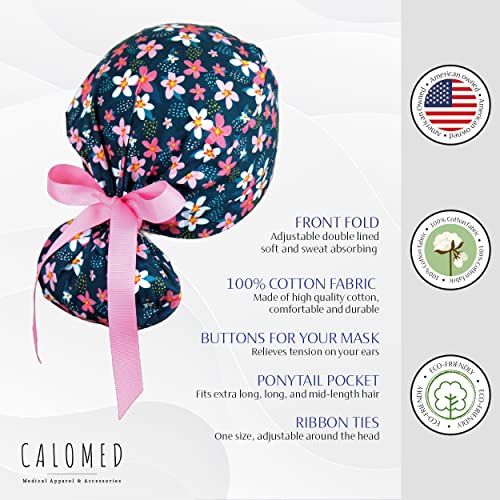 Image of Scrub Cap for Women and Men, Ponytail Scrub Caps, Working Hat, Head Cover with Ribbon Ties and Buttons, Long Hair