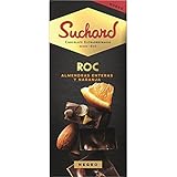 Tabletas de chocolate negro Suchard con una mezcla única de almendras enteras y trocitos de naranja visibles en su interior