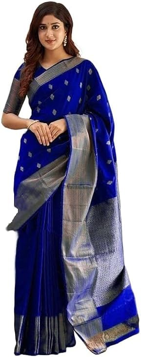 Women's Banarasi Kanjivaram Cotton Silk Jacquard Saree, Royal Blue, with Unstitched Blouse Material, Festive Wear