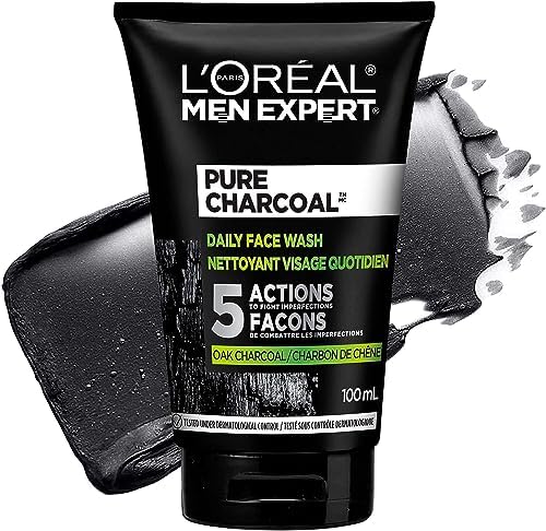 L’Oréal Paris Face Wash for Men, Pure Charcoal Men Expert Skincare, Daily Cleanser with Black Charcoal + Salicylic Acid to Reduce Oily Skin and Blackheads, 100 ml
