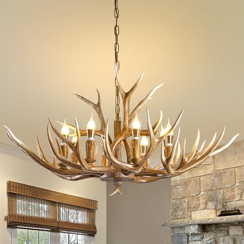 LUJIAODS Antlers Chandelier 8 Light Deer Chandelier Fixtures Rustic Farmhouse Horn Antler Lighting for Living Room Bedroom Dining Room Kitchen Cafes Bars Kitchen Foyer(8 Lamp Arms+ 3 Arms)