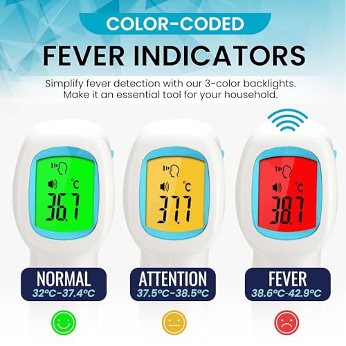 Thermomètre frontal ByFloProducts, thermomètre numérique sans contact pour adultes et bébés, thermomètre infrarouge numérique, lecture rapide et précise avec alarme de fièvre, bleu