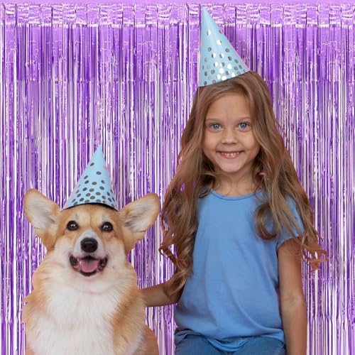 Image of 5 Pack Purple Foil Curtain Backdrop 3.2ft x 8.2ft Tinsel Foil Fringe Curtains Macaron Photo Booth Streamer Backdrop for Party Decorations Birthday Baby Shower Bachelorette Holiday (Light Purple)