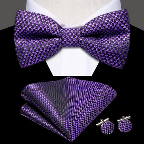 Image of Hi-Tie Bow Ties for Men Pre-Tied Pocket Square with Cufflinks Mens Bowtie Sets for Wedding Formal Party