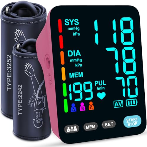Image of Blood Pressure Monitor, Automatic Upper Arm Blood Pressure Monitors for Home Use, 2 Blood Pressure Machine Cuff(9-17in & 13-21in) with Large LED Backlit Display, 3x199 Reading Memory Users Pink