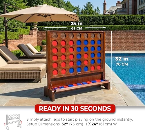 Image of Giant Wooden 4 in A Row Game with Folding Catch Tray, Wall-Mountable or Ground Play, Indoor Outdoor & Backyard Game, Includes Carry Case and Detachable Legs