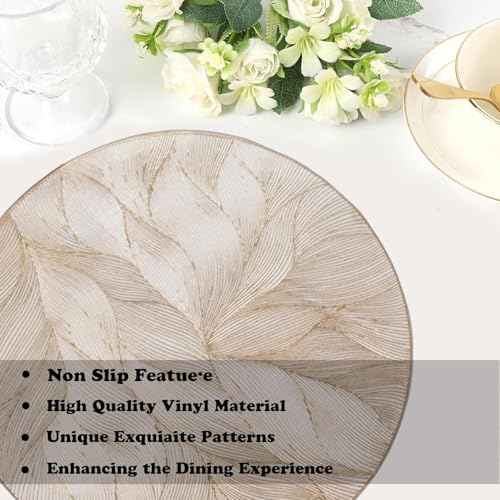Image of HomeCloud PVC Material Round Shape Table Mat, Dining Table Mat,Table Placemats, Round Mats,Best for Bed-Side Table /Center Table, Dining Table /Shelves (Circle Leaf Flower Gold, Set of 1)