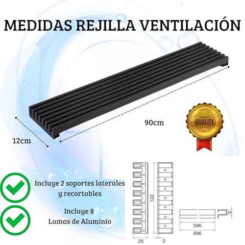 Miniatura 5 de Azerodesign- Rejilla Horno- Rejilla Ventilacion- Rejilla Ventilacion Horno- Rejilla Ventilacion Frigorífico- Color Negro- 8 Lamas De Aluminio De 90 Cm- Altura 12 Cm