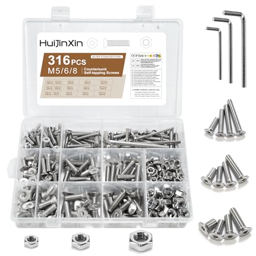 316 Stück M6 M8 M10 Schrauben Set, Edelstahl Senkkopfschrauben Muttern Set, Metrisch Flachkopfschrauben Innensechskant Schrauben mit Muttern Sets, Senkkopf Gewindeschrauben Sortiment (Flachkopf)